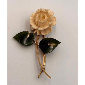 Vintage “Made in Austria” Carved Rose Brooch – Cream Rose with Green Leaves 2259